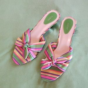 Fioni Striped Kitten Heel Silk Bowtie Sandals